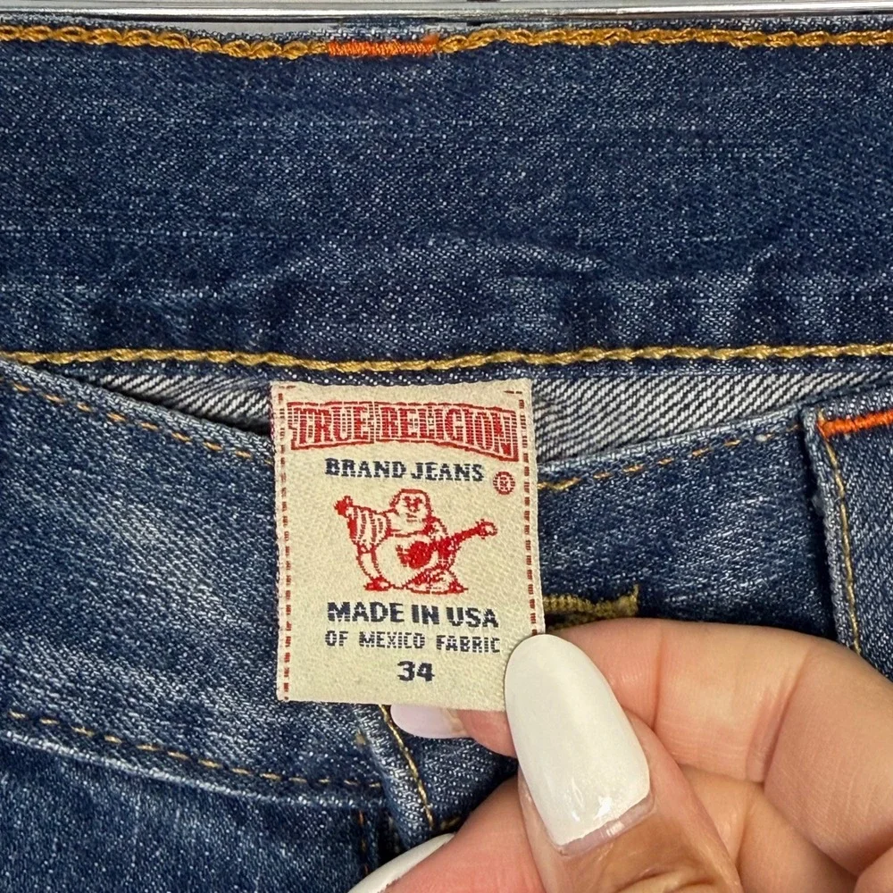 True Religion Ricky Straight Jeans Mens 34 Blue Embroidered Pocket USA Made RARE
